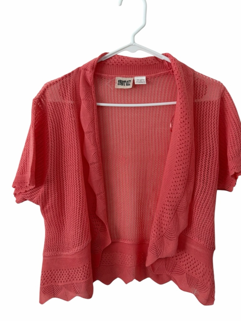 Sweet Kizz Coral Pink Pointelle Knit Open Front Ruffle Shrug Cardigan XL(008)